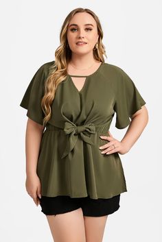 Plus Size Dress Blouse, Wide Sleeve Blouse Plus Size, Affordable Flowy Blouse With Flutter Sleeves, Plus Size Wrap Blouse, V Neck Tunic, Color Blouse, Tie Front Blouse, Plus Size Womens Clothing, Green Fashion