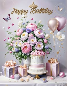 a birthday card with flowers and balloons