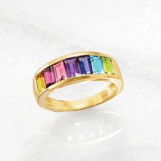 Ross-Simons - 2.20 ct. t. w. Multi-Gemstone Ring in 14kt Yellow Gold. Size 5. Get all the colors of the rainbow in this punchy multi-stone ring. Channel-set baguettes of peridot, sky blue topaz, iolite, amethyst, pink tourmaline, rhodolite garnet and citrine come together for a total weight of 2.20 carats. 1/4" wide. Multi-gem ring. Fine Jewelry Rainbow Multi-stone Rings, Multicolor Multi-stone Emerald Cut Rings, Rainbow Multi-stone Rings In 14k Gold, Multicolor Emerald Cut Multi-stone Rings, 14k Gold Rainbow Multi-stone Rings, 14k Gold Rainbow Rings With Multi-stone, Multicolor Emerald Cut Fine Jewelry Rings, Multicolor Emerald Cut Gemstone Rings, Multicolor Gemstone Rings With Baguette Cut