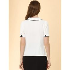 In a lightweight chiffon fabric, this beautiful and casual shirt adds a touch of elegance and cuteness to your wardrobe. The line decoration on the neckline and the V-neck design is a great highlight, full of a sense of detail and design. Pair with pants or a skirt for a casual and charming look. Whether you are going to work or going out for lunch with friends, it is a good choice for a comfortable look. Peter Pan Collar Blouse, Eyelet Blouse, Collars For Women, Blouse White, Casual Work, Boho Casual, Button Down Blouse, Collar Blouse, Chiffon Blouse