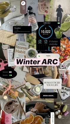 a collage of photos with the words winter arc on it and various items surrounding them