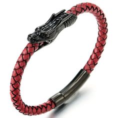 Features: Vintage Black Stainless Steel Dragon Head Braided Red Leather Bangle Bracelet Wristband, Mens Metal: Stainless Steel; Material: Red Leather Finishing: Polished Dimension: Length: 22CM(8.66"); Width: 0.6CM(0.24") ; Weight: 21.4g Package: Jewelry Box with Brand Name COOLSTEELANDBEYOND Item Condition: New Casual Red Leather Bracelet As Gift, Head Braid, Steel Dragon, Package Jewelry, Stainless Bracelet, Leather Bangle, Dragon Head, Black Stainless Steel, Stylish Jewelry