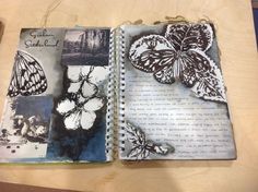 two open notebooks with butterflies on them