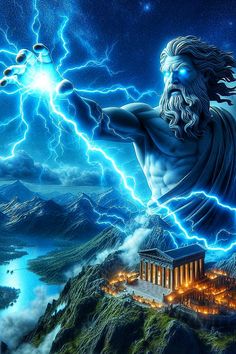 an image of a man with lightning in the sky above his head and body on top of a mountain