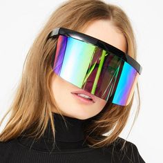 Futuristic Shield Visor Sunglasses. Shop Sunglasses on Mounteen. Worldwide shipping available. Futuristic Shield, Holographic Glasses, Winter Rave, Height Insoles, Diffraction Glasses, Holographic Print, Reflective Sunglasses, Visor Sunglasses, Rave Accessories