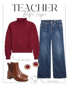 Chelsea boots curated on LTK Teacher Ootd, Teacher Outfit, Teacher Style, Teacher Outfits, Mock Neck Sweater, Office Outfits, Work Fashion, Winter Style, Wide Leg Jeans