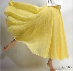 Lasaky - Elastic Waist Linen Midi Skirt - Solid Color Ethnic Style Maxi Skirt Casual Maxi Skirt, Simple Linen, Flowy Maxi Skirt, Maxi Skirt Style, Retro Skirt, Boho Sandals, Yellow Skirt, Pleated Maxi Skirt, Maxi Robes