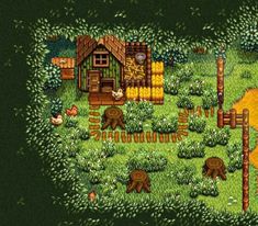 an image of a small village in the middle of some trees and grass with animals around it