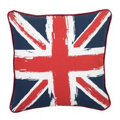 a red white and blue pillow with the british flag painted on it's side