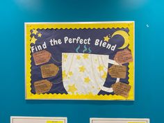 a bulletin board with writing on it that says find the perfect blend and coffee cup