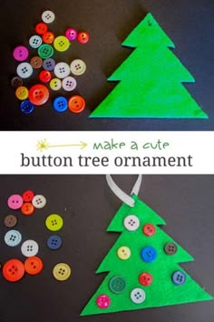 a christmas tree made out of buttons on a black surface with the words make a cute button tree ornament