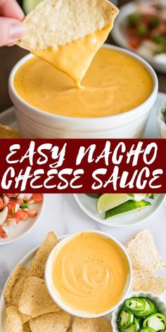 easy nacho cheese sauce in a bowl with tortilla chips and jalapenos