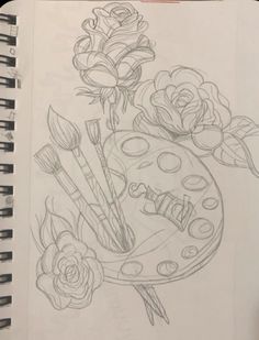 a pencil drawing of flowers and paintbrushes