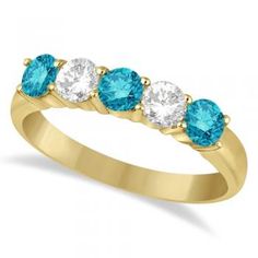 Five Stone White and Blue Diamond Ring 14k Yellow Gold (1.00ctw) Diamond And Emerald Ring, Colored Diamond Rings, Blue Diamond Ring, Blue Diamonds, Round Diamond Setting, Fancy Rings, Sterling Bracelets, Stylish Rings, Right Hand Rings