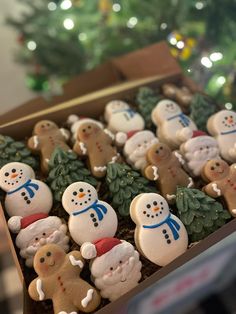 a box filled with lots of different types of decorated christmas cookies on top of a table