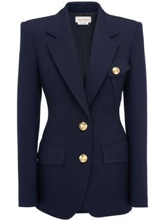 navy blue wool embossed gold-tone buttons notched lapels front button fastening long sleeves with buttoned cuffs three front flap pockets central rear vent gold-tone hardware Prom Inspo, Alexander Mcqueen Fashion, Blazer Blue, Single Breasted Jacket, Womens Blazers, High Waisted Trousers, Navy Women, Wool Blazer, Blazers For Women