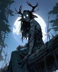 a person sitting on a log in front of a full moon with antlers around their head