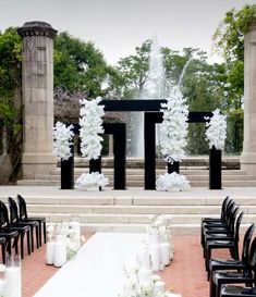 an outdoor ceremony setup with black chairs and white flowers