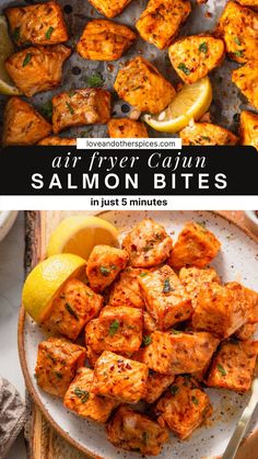 salmon bites on a plate with lemon wedges and the title above it says air fryer cajun salmon bites in just 5 minutes