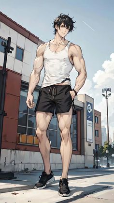 an anime character is standing on the street with his hands in his pockets and wearing shorts