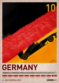 a poster for the german grand prix with a race car on it's side