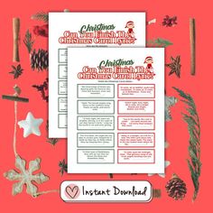 two christmas games are shown on top of a red background with pine cones, cinnamon sticks and