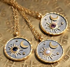 These sweet little charm necklaces are a cosmic way to connect with your zodiac. Each one has a special birth stone for the month of your birth, making them a great birthday gift. These charm necklaces are star sun and moon zircon enamel round cubic zirconia stainless steel with 18 karat gold plating. They are beautiful and durable.  Please message me if you have questions or would like to see other pictures! Birth Moon Necklace, Divine Alignment, Esoteric Jewelry, Zodiac Constellation Necklace, Satya Jewelry, Zodiac Pisces, Peace Necklace, Astrology Jewelry, Mandala Necklace