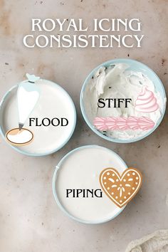 three bowls with different designs on them and the words royal icing consti fancy