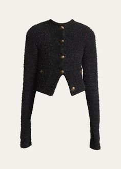 Balenciaga Cropped Tweed Knit Cardigan with Logo Buttons - Bergdorf Goodman Fall Tweed Long Sleeve Cardigan, Long Sleeve Tweed Cardigan For Winter, Chic Long Sleeve Tweed Cardigan, Elegant Long Sleeve Tweed Cardigan, Balenciaga Jumper, Tweed Cardigan, Noir Color, Black Balenciaga, Rib Knit Cardigan