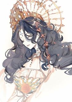 a drawing of a woman with long black hair holding a bowl of flowers in front of her face