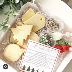 an assortment of christmas cookies in a box with holiday decorations on the side and instructions to make them