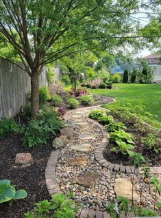 a stone path in the middle of a garden