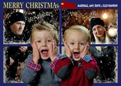 two young boys are making faces in front of a christmas card with the words merry christmas