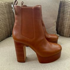 Nwt Michael Kors Camel-Brown Leather Platform Chelsea Boots. Back Logo. Stacked High Heel: 5 Inches. Platform: 2 Inches. Size 10 Brown High Heel Platform Boots For Fall, Brown Pointed Toe Platform Boots With Stacked Heel, Brown Square-toe Heeled Boots With Padded Heel, Brown Heeled Boots With Padded Heel And Square Toe, Chic Brown Pointed Toe Platform Boots, Brown Faux Leather Platform Boots, Brown Leather Heeled Boots With Round Toe, Brown Ankle-high Platform Heeled Boots, Brown Leather Platform Boots For Fall