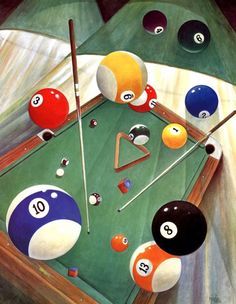 an oil painting of pool balls and cues