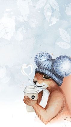 a painting of a squirrel holding a cup of coffee and wearing a knitted hat