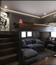 a loft bed with a couch underneath it