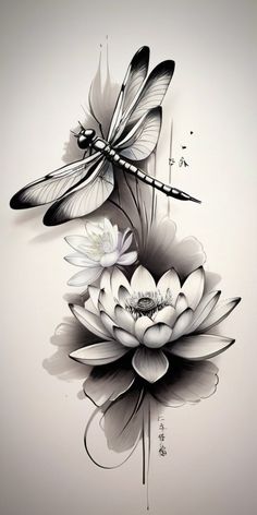 an artistic painting with flowers and dragonflies