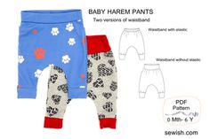 two baby boys'pants with paw prints on them and the measurements for each pair