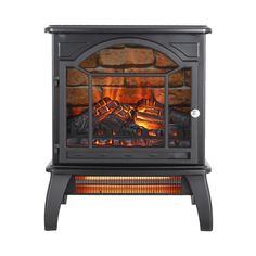 an electric fireplace heater with logs in the front and side panels on each side