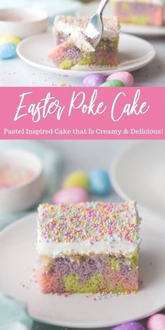 an easter poke cake with sprinkles on it and the title overlay reads, easter poke cake pastel inspired cake that is creamy & delicious