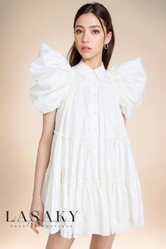 Lasaky - Ruched Ruffle Babydoll Mini Dress with Swingy Puff Sleeves Romantic House, Vacation Dresses Beach, White Dress Styles, Babydoll Mini Dress, House Dress, Vacation Dresses, Mini Dress With Sleeves, Trending Dresses, Beach Dresses