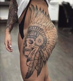 Leg Skull Tattoos Women, Indian Skull Tattoos For Women, Indian Headdress Tattoo Woman, Native Leg Sleeve Tattoo, Hip Skull Tattoos Women, Native American Hip Tattoos Women, Indian Hip Tattoo, Women Western Sleeve Tattoo