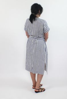 "Handmade loose wrap linen dress with pockets and kimono sleeves. Made with love for You. *100% local medium weight washed linen *Each item is individually cut and sewn by order *The model is wearing size L, dress color - Blue-white striped *The model height is 172 cm *Note that colors may look different on your display depending on their settings and technical characteristics. Please let us know if you need different measurements or colors. CARE *Machine wash up to 40 / 104F gentle cycle *Iron Wrap Summer Dress, Wrap Dresses Summer, Linen Loose Dress, Pink Linen Dress, Linen Kimono, Linen Style, Pink Linen, Kimono Sleeve, Sleeveless Jumpsuits