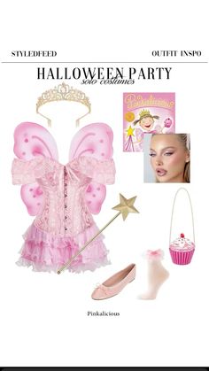 the costume is pink and has a tiara, shoes, and cupcakes on it