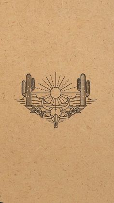 a drawing of cactuses and sun in the middle of a desert landscape on brown paper