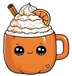 an orange mug with whipped cream and cinnamon on top, has eyes wide open to look like a pumpkin