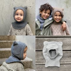 four pictures of two children wearing knitted hats and sweaters, one with a cat ear