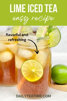 two mason jars filled with lime iced tea and lemon wedges on the side next to each other