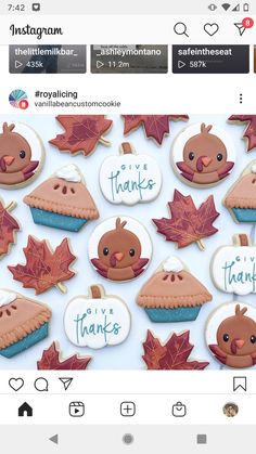 the instagram page is filled with cookies and decorated like fall leaves, birds, and turkeys